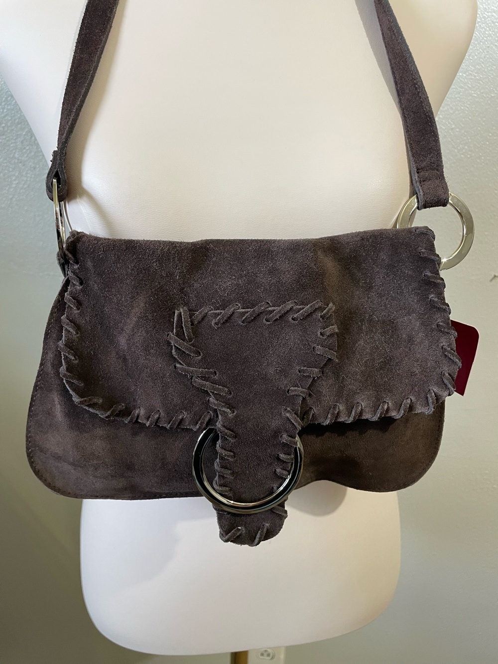 Brown Suede Shoulder Bag Whipstitch O Ring Boho Western Y2K Purse Xhilaration